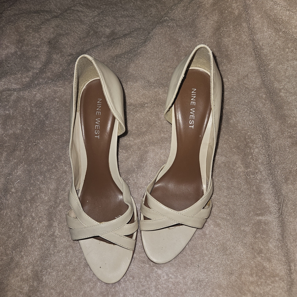 Nine West Cream D'Orsay Open-Toe Heels with Crossed Straps